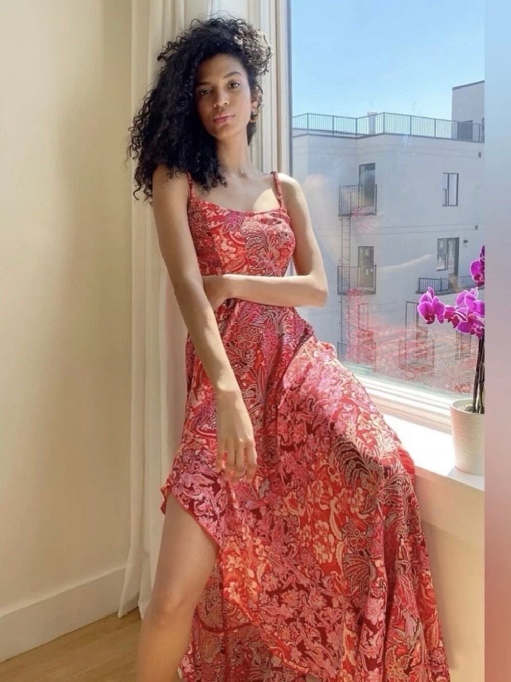 Intimately Free People Forever Yours Smocked Maxi Dress Size S Red Floral Boho